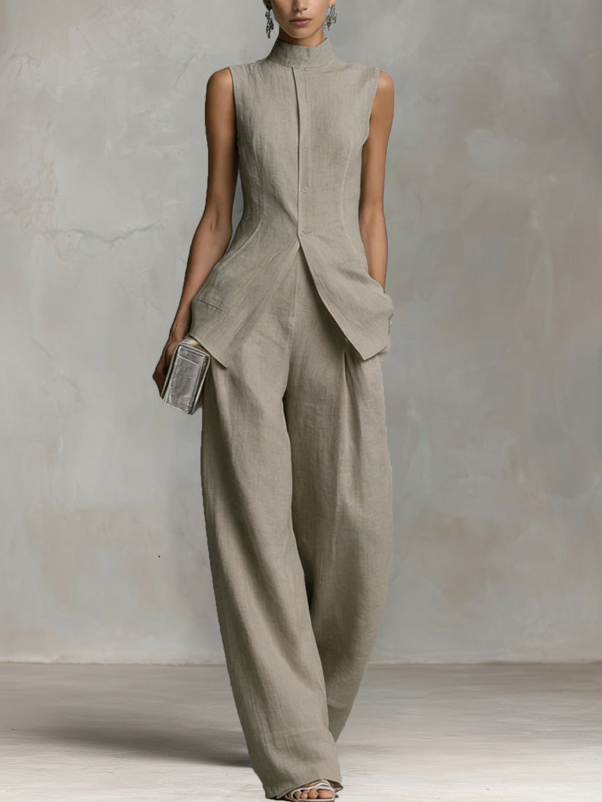 Sleeveless Button-Front Wide-Leg Set