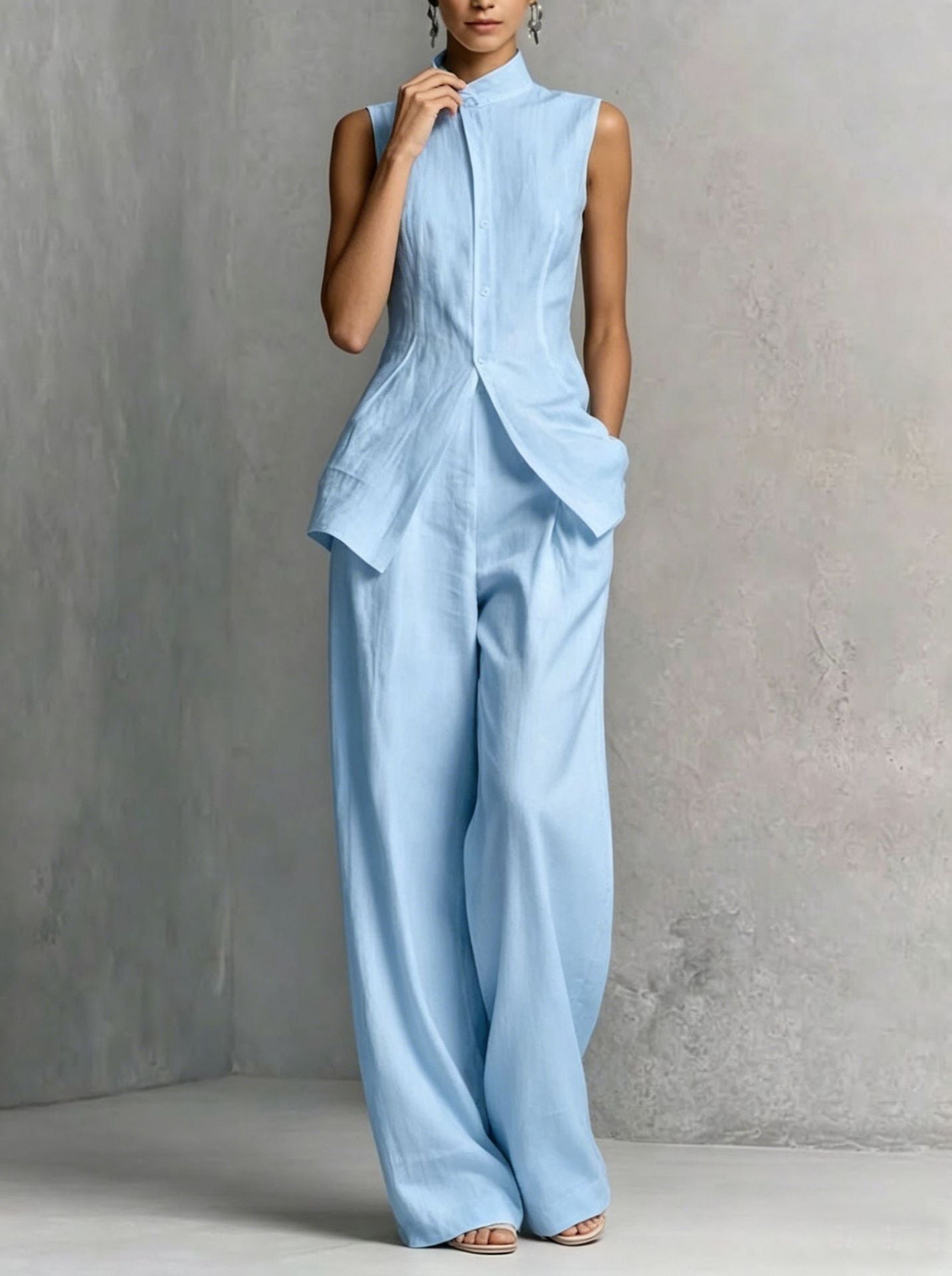 Sleeveless Button-Front Wide-Leg Set