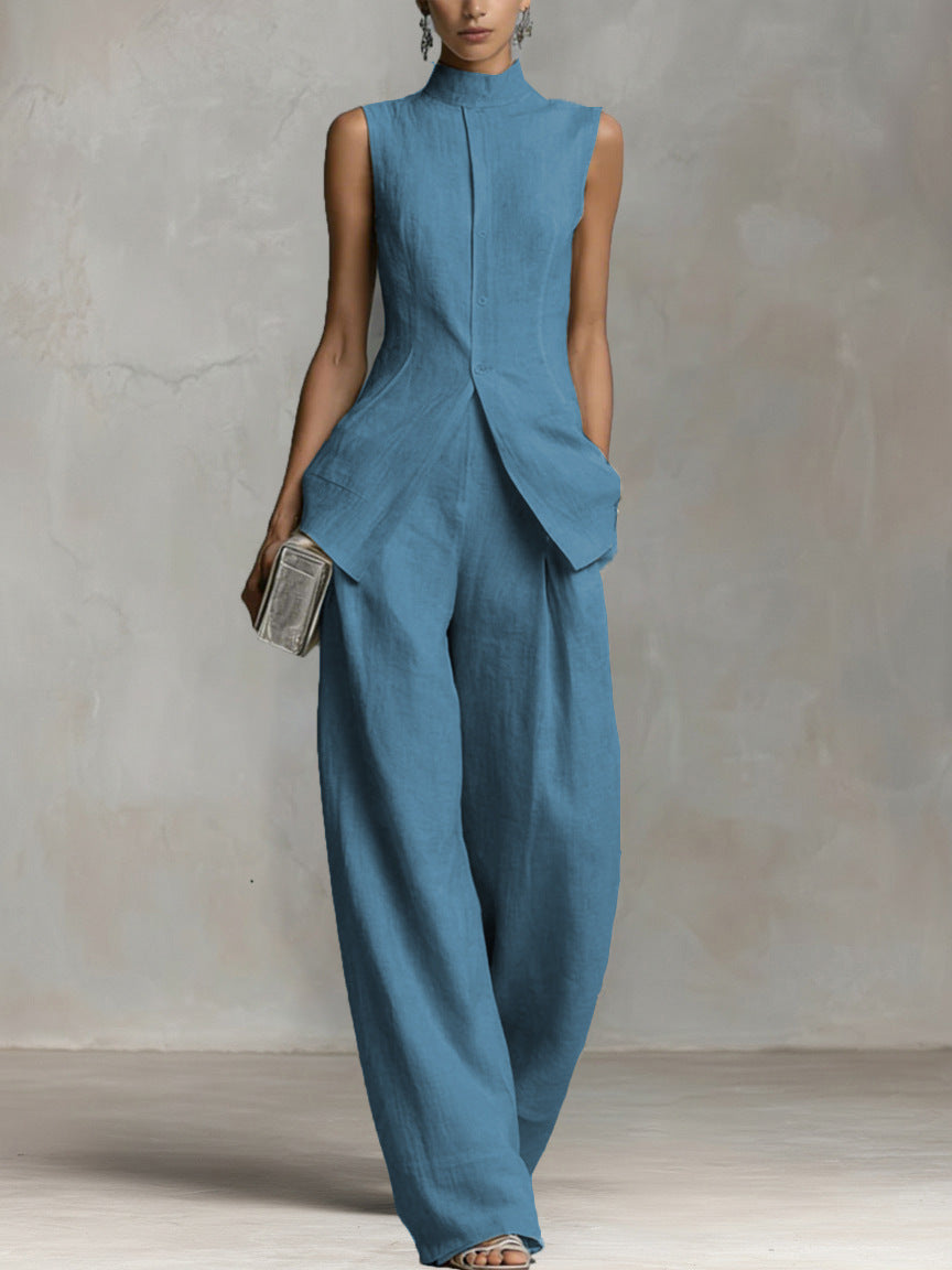 Sleeveless Button-Front Wide-Leg Set