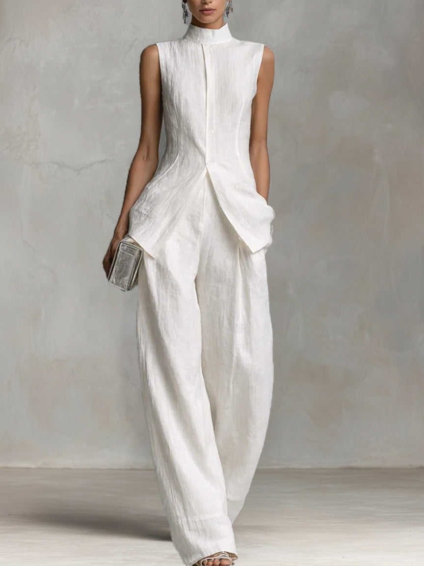 Sleeveless Button-Front Wide-Leg Set