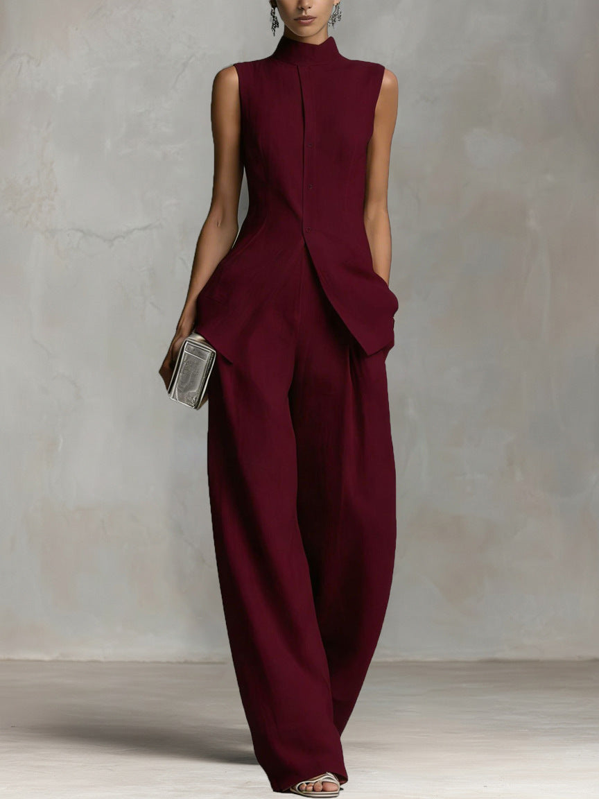 Sleeveless Button-Front Wide-Leg Set